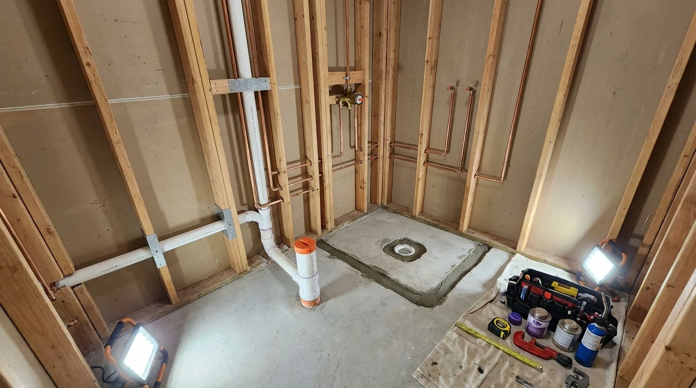 Bathroom rough-in plumbing during remodel by Johns Plumbing LLC in Granite Falls