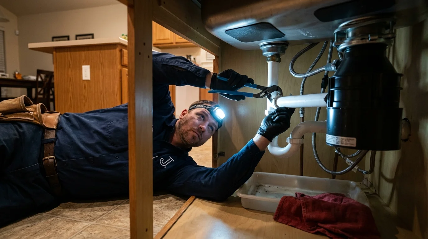 P-trap and supply line connections under a kitchen sink showing a common leak point in Granite Falls, WA